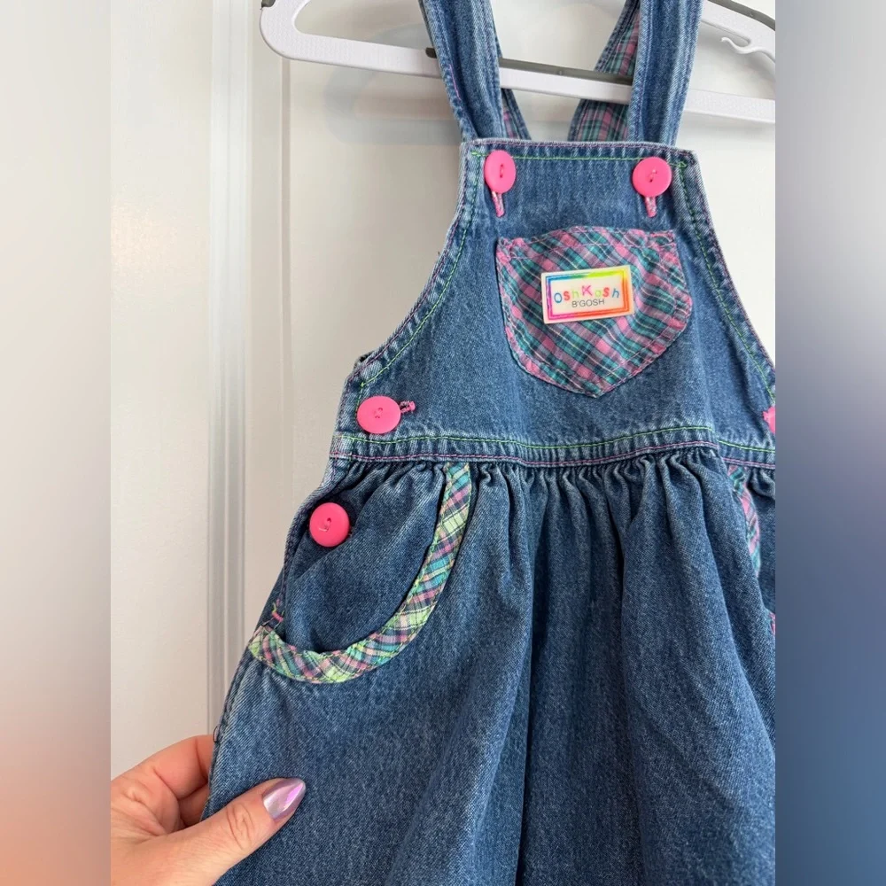 Vintage OshKosh Made in USA Girls Denim Neon Plaid Dress Size 6